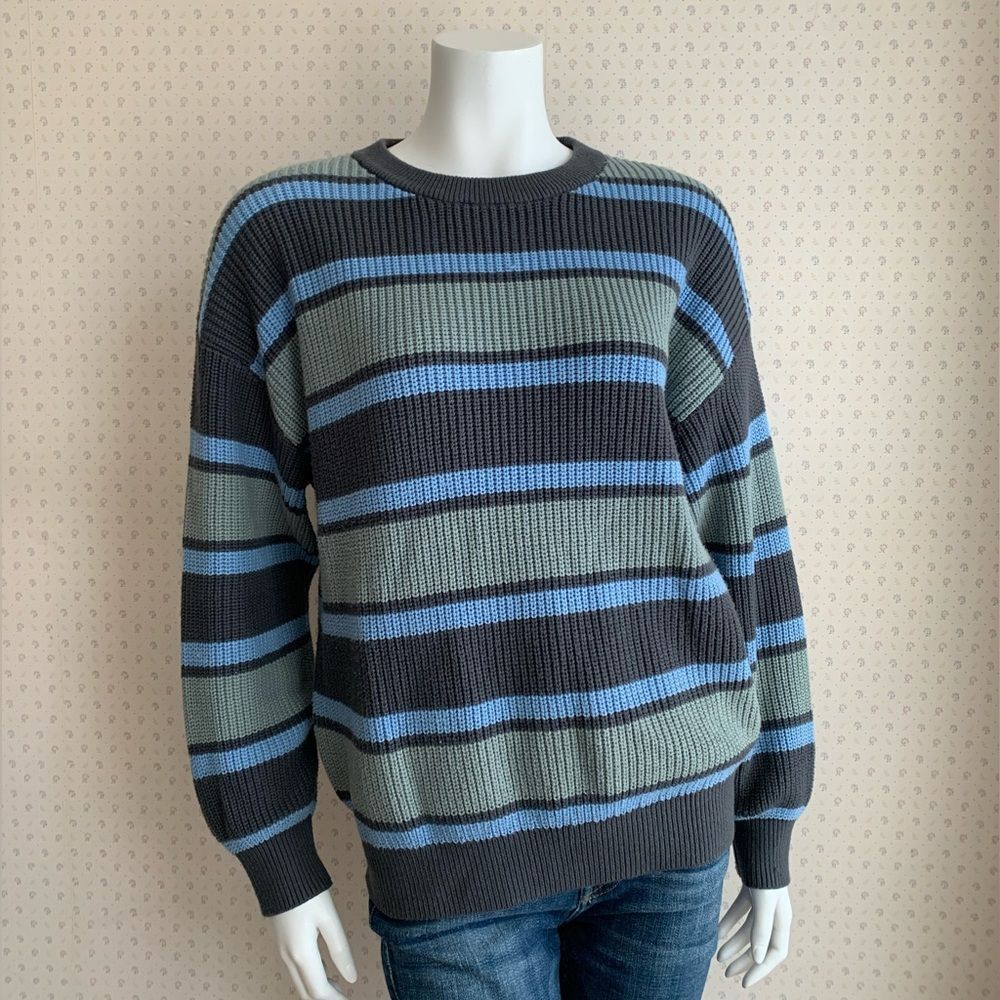 Tna The Century Blue Gray Sage Green Stripe Cotton Pullover Sweater sz XS PW2
